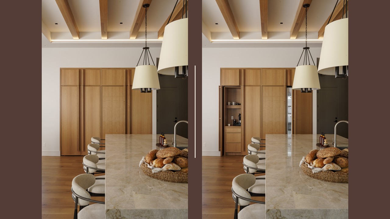 Images of the Kitchen's built-in coffee bar and refrigerator